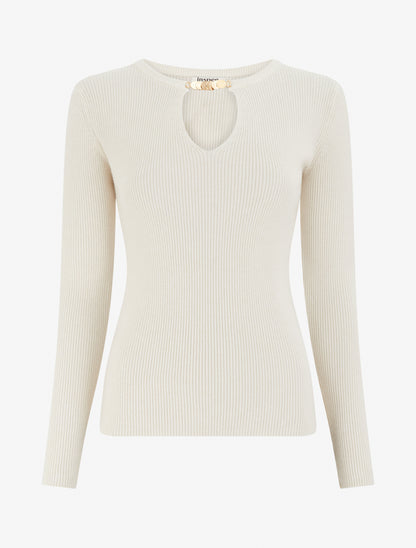 Pull côtelé à empiècement bijou - Beige - 1