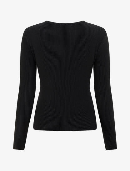 Pull côtelé à empiècement bijou - Noir - 2
