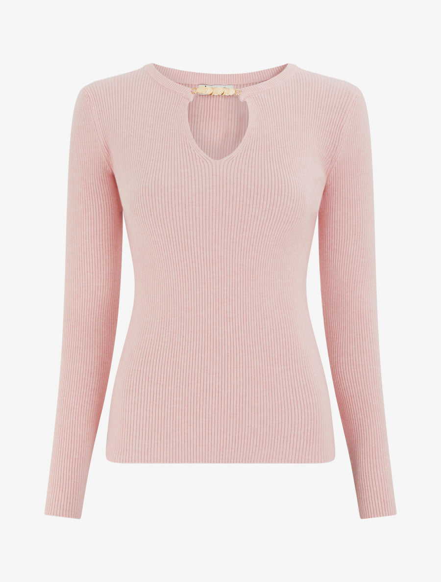 Pull côtelé à empiècement bijou - Rose - 1