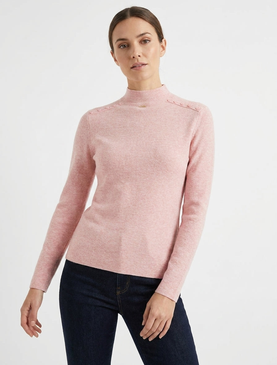 Suéter recto con cuello alto y botones decorativos - Rosa