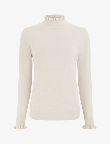 Pull droit à col montant et poignets volantés - Beige - 1
