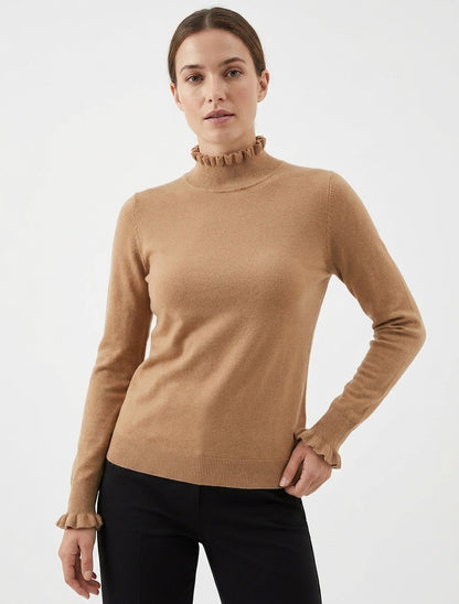 Jersey recto con cuello alto y puños con volantes. - Camello
