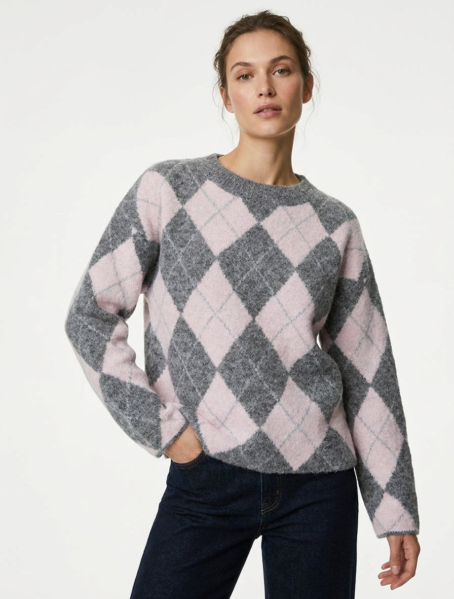 Suéter holgado de lana mezclada con diseño de rombos - Gris