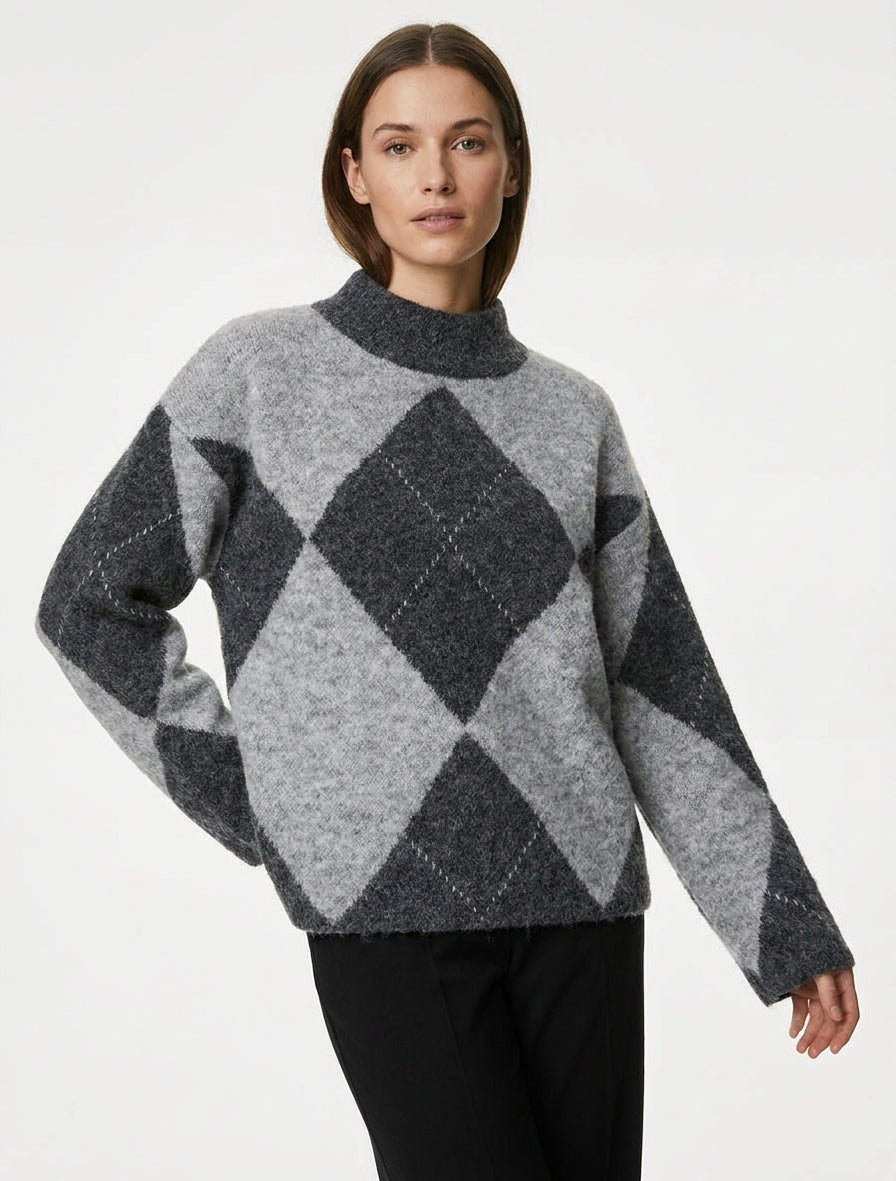 Suéter de lana mezclada con diseño de rombos. - Gris