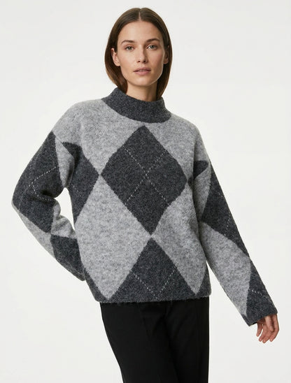 Suéter de lana mezclada con diseño de rombos. - Gris