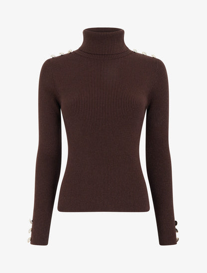 Pull en maille côtelée pailleté à col roulé - Marron - 1