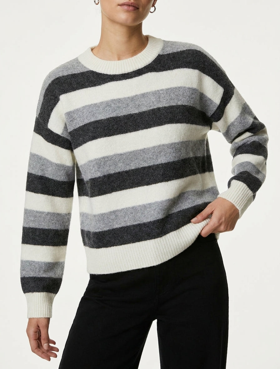 Suéter recto a rayas con cuello redondo - Gris