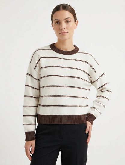 Jersey recto a rayas con cuello y bordes acanalados. - Crudo