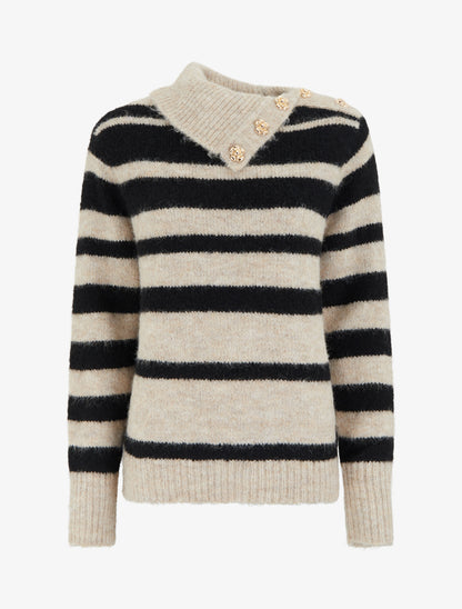 Pull rayé à col châle fantaisie et bouton bijoux - Noir/taupe - 1