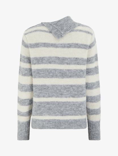 Pull rayé à col châle fantaisie et bouton bijoux - Gris/beige - 2