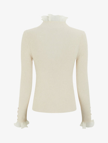 Pull côtelé et pailleté à col montant volanté - Beige - 2