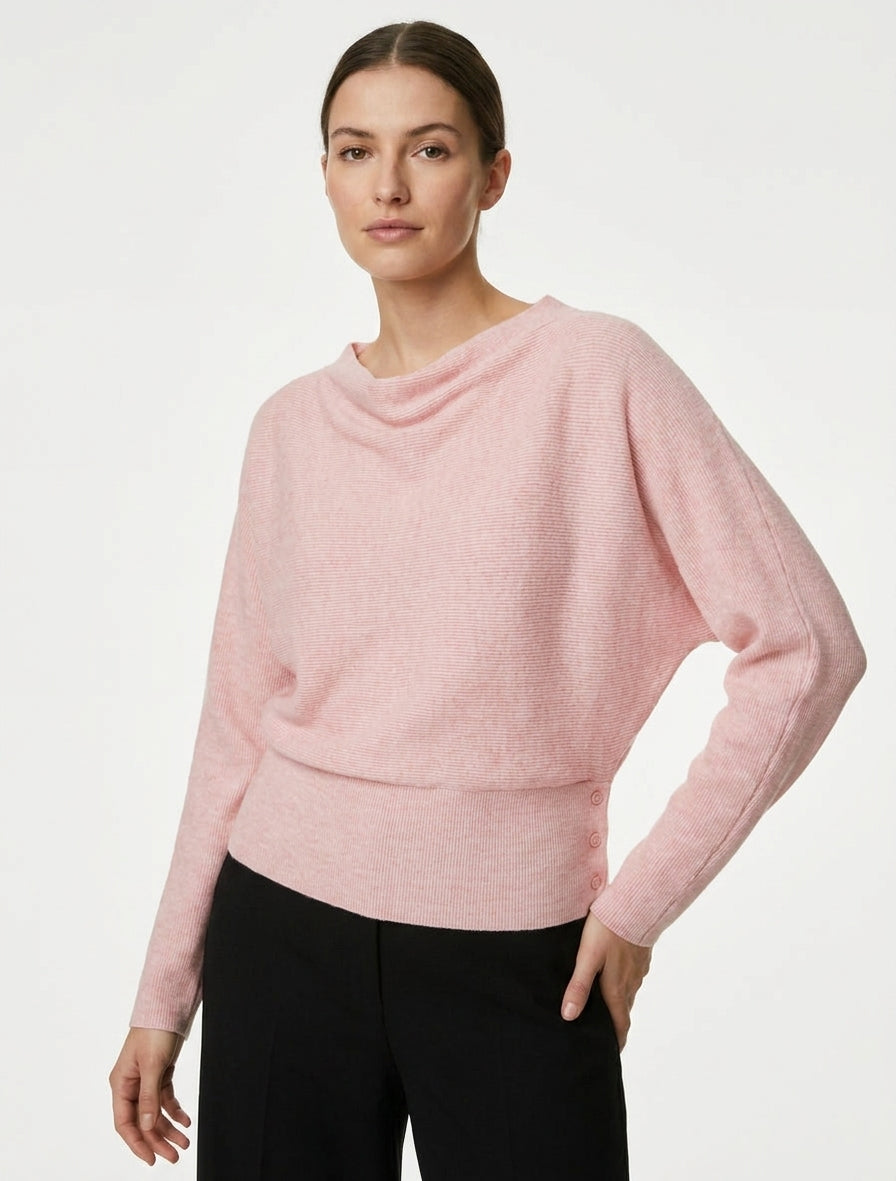 Jersey acanalado con cuello drapeado - Rosa