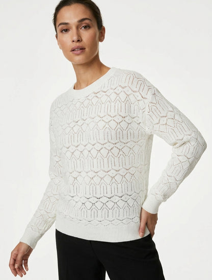 Jersey liso calado con cuello redondo. - Blanco