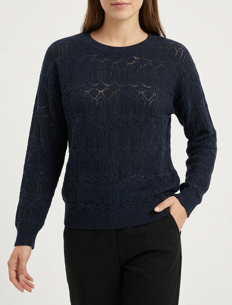 Jersey liso calado con cuello redondo. - Azul noche