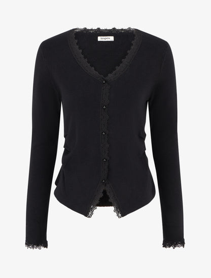 Pull côtelé à fils irisés et dentelle - Noir - 1