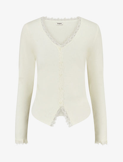 Pull côtelé à fils irisés et dentelle - Blanc - 1