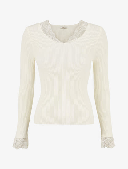 Pull côtelé à col en dentelle - Crème - 1