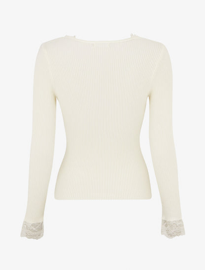 Pull côtelé à col en dentelle - Crème - 2