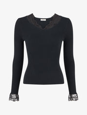 Pull côtelé à col en dentelle - Noir - 1