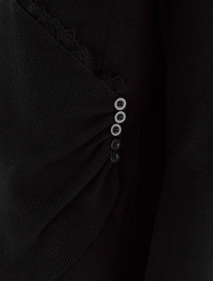 Pull côtelé asymétrique à détail dentelle - Noir - 3
