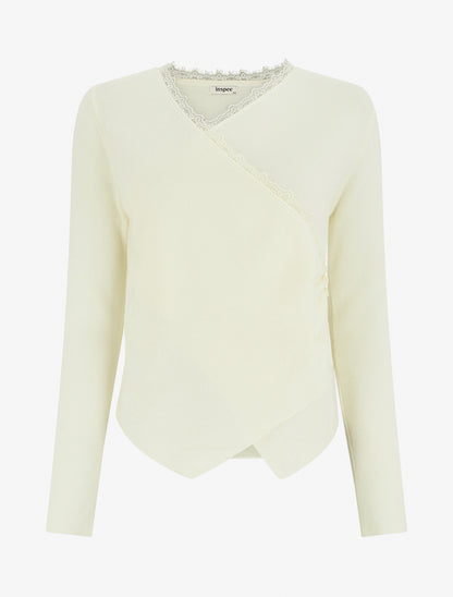 Pull côtelé asymétrique à détail dentelle - Crème - 1