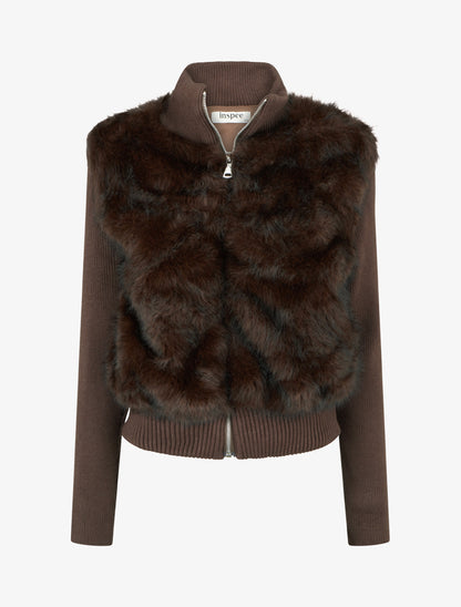 Veste côtelée à empiècement fourrure synthétique - Marron - 1