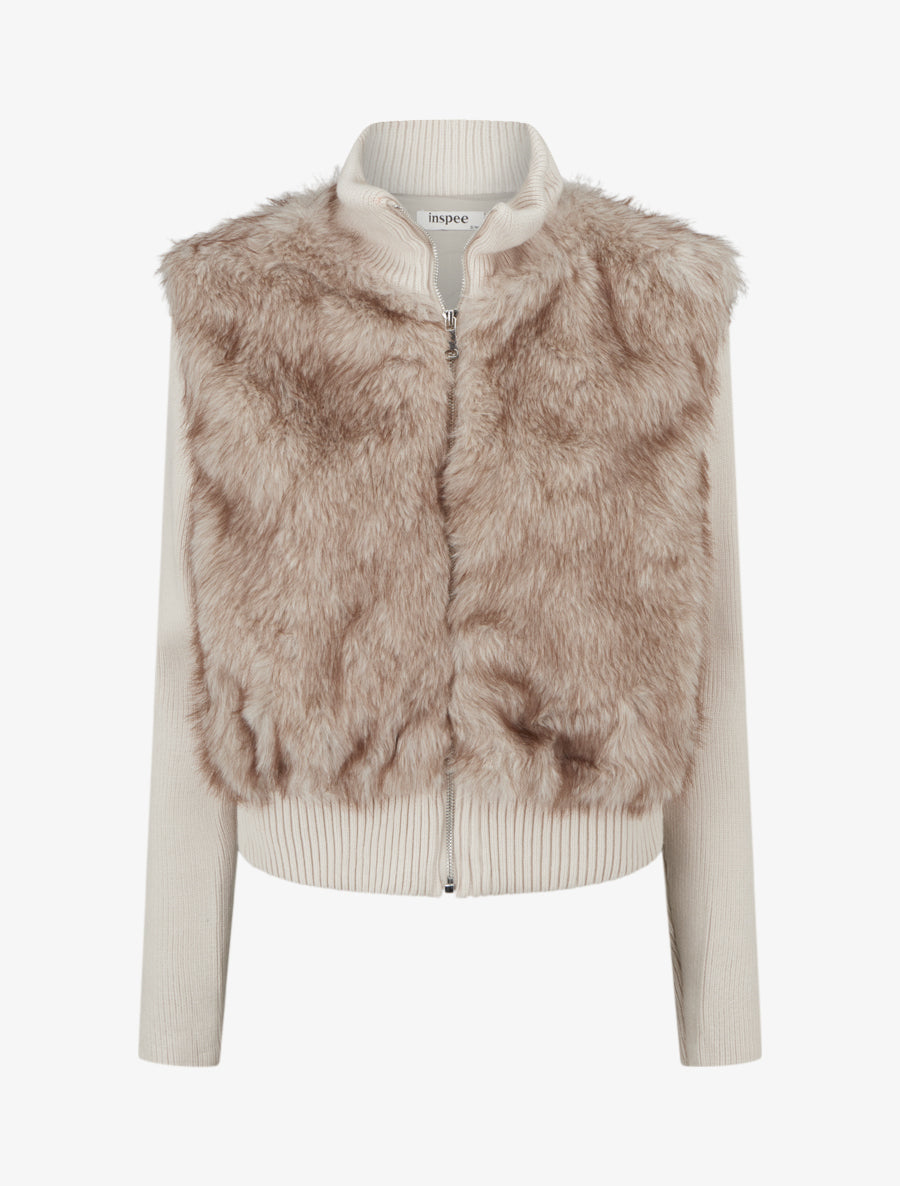 Veste côtelée à empiècement fourrure synthétique - Beige - 1