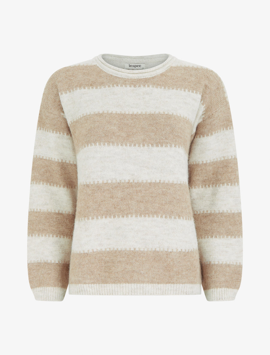 Pull droit à col rond et rayures stylisées - Taupe - 1