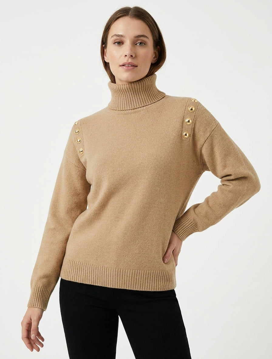 Jersey recto de cuello alto con botones decorativos. - Camello claro