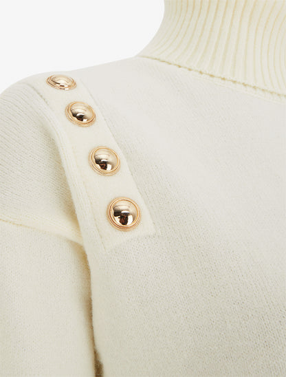 Pull droit à col roulé et boutons décoratifs - Écru - 3