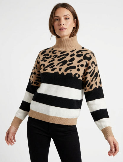 Suéter estampado de leopardo y rayas con cuello alto - Camello claro