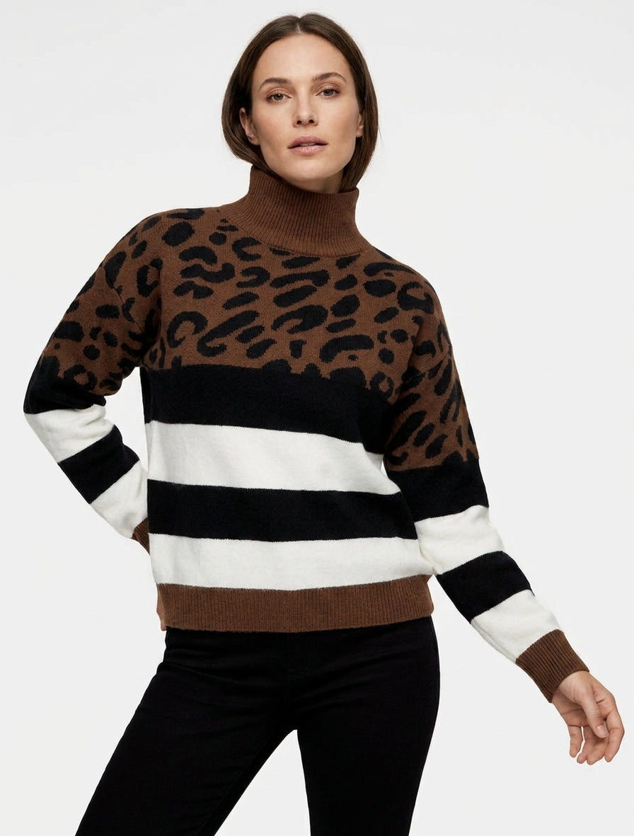 Suéter estampado de leopardo y rayas con cuello alto - Marrón