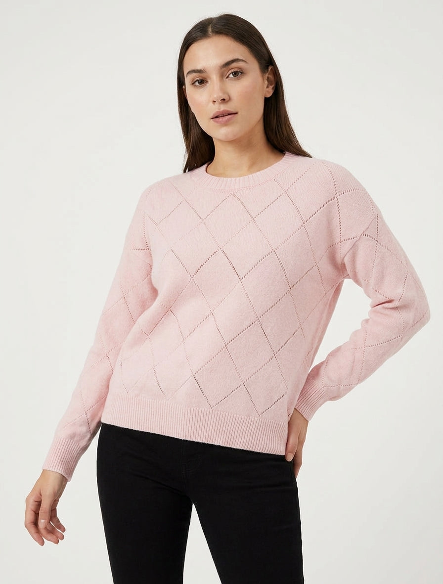 Suéter liso de punto con cuello redondo - Rosa