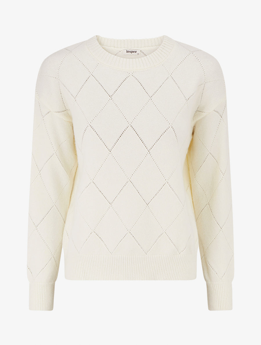 Pull uni en maille à col rond - Écru - 1