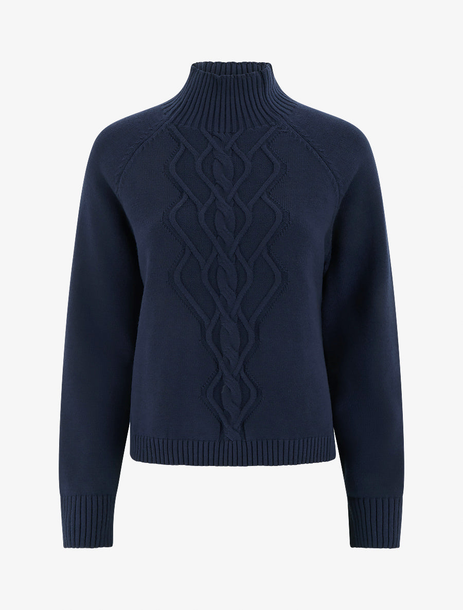 Pull droit à col montant en maille effet torsadé - Marine - 1