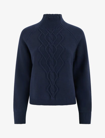 Pull droit à col montant en maille effet torsadé - Marine - 1