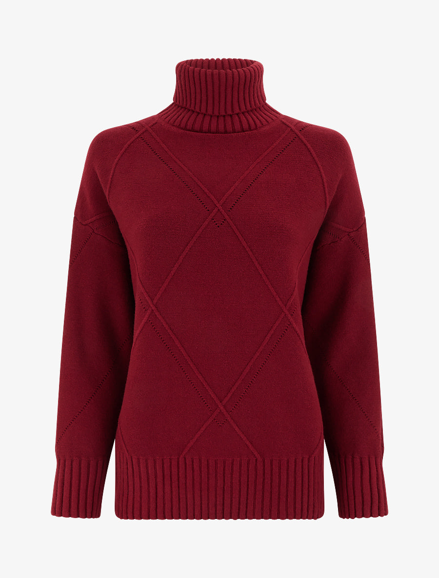 Pull ample à col roulé en maille quadrillée - Bordeaux - 1