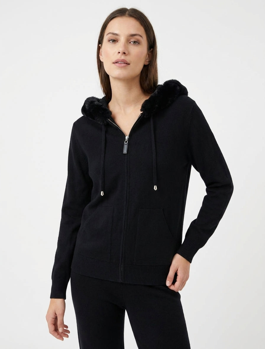 Sudadera fina con capucha de piel y cremallera - Negro