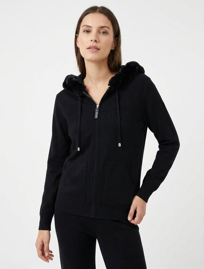 Sudadera fina con capucha de piel y cremallera - Negro