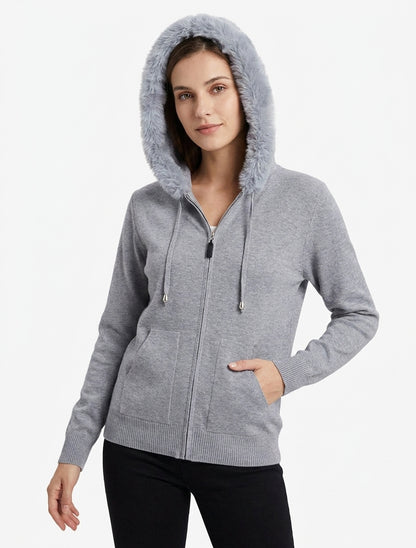 Sudadera fina con capucha de piel y cremallera - Gris