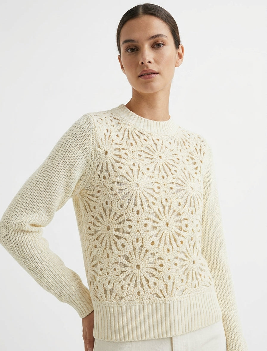 Suéter de algodón con macramé de estilo floral - Crudo