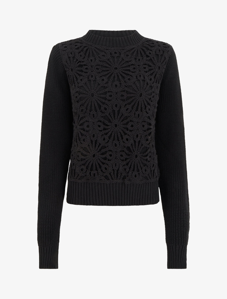 Pull en coton à macramé style floral - Noir - 1