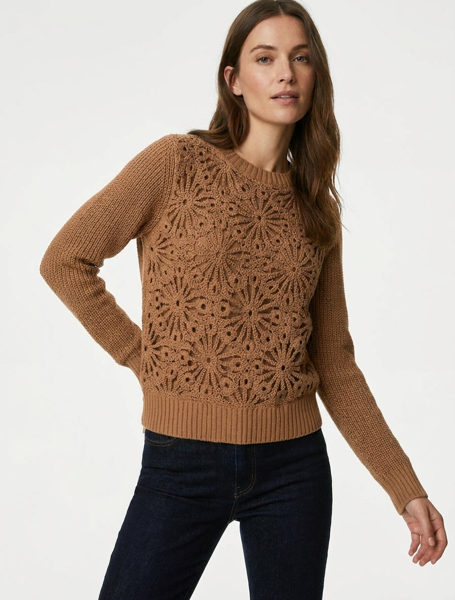 Suéter de algodón con macramé de estilo floral - Camello