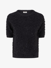 Pull droit manches courtes en maille duveteuse - Noir - 1