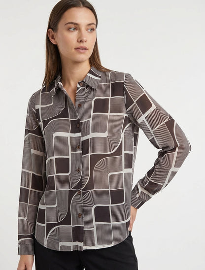 Camisa fluida transparente con estampado gráfico - Chocolate