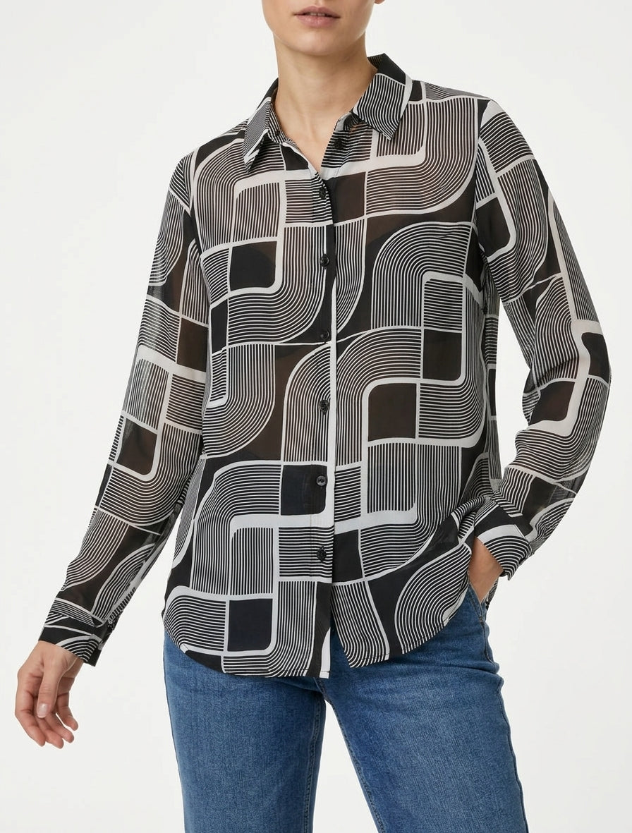 Camisa fluida transparente con estampado gráfico - Negro