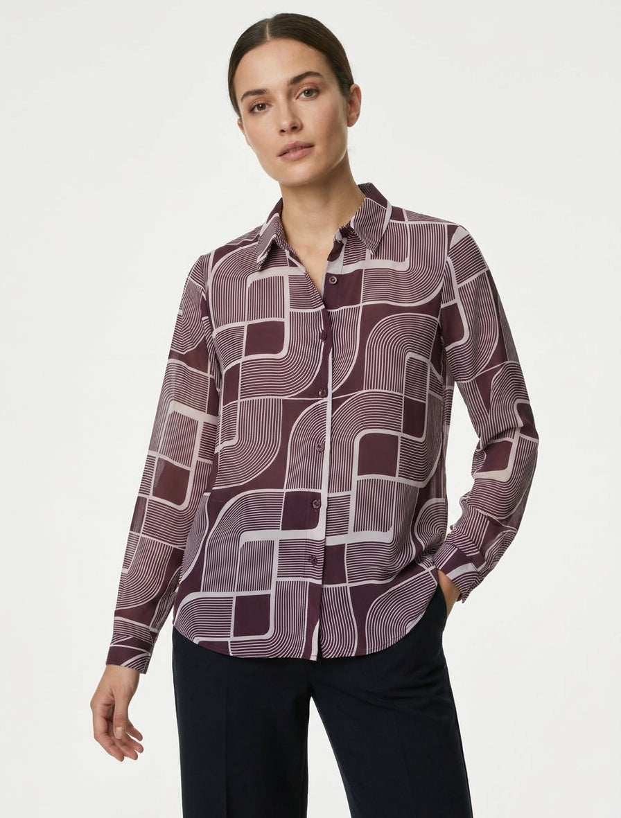 Camisa fluida transparente con estampado gráfico - Ciruela