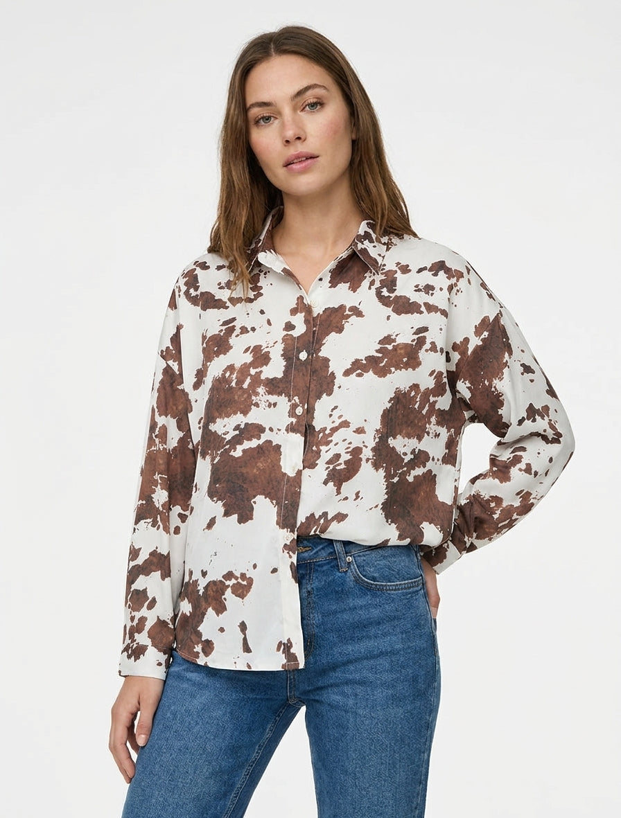 Camisa fluida satinada estampado de vaca - Marrón