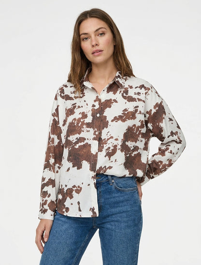 Camisa fluida satinada estampado de vaca - Marrón