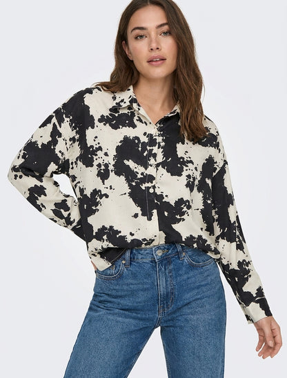 Camisa fluida satinada estampado de vaca - Negro